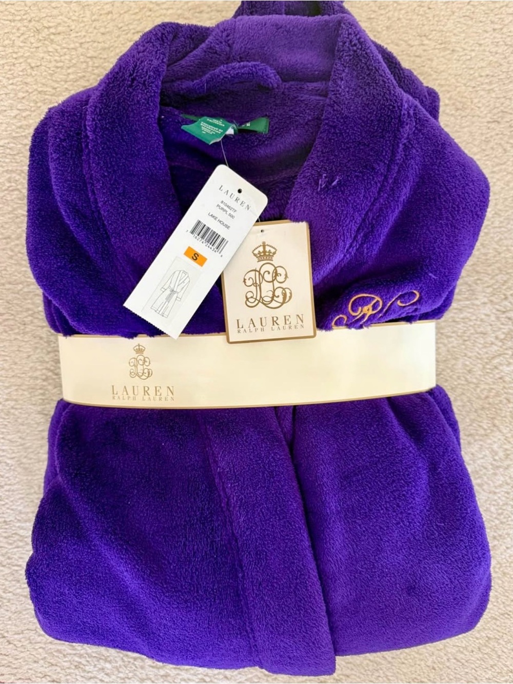 Ralph Lauren Purple Plush Robe with Gold Embroidery